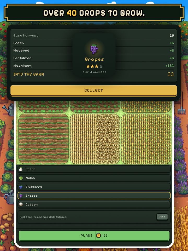 Over 40 crops to grow. A Grapes harvest over the field, and the crop list below it: garlic, melon, blueberry, grapes and cotton, with a green Plant button.