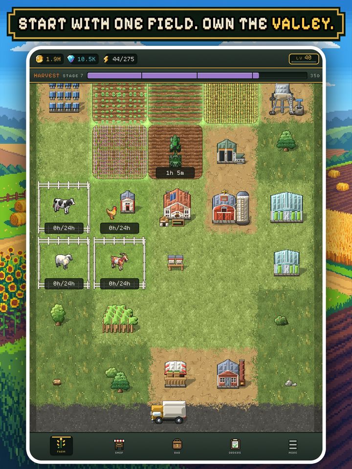 Start with one field. Own the valley. A level 40 farm on iPad: planted fields, a tractor at work, pens of cows, sheep and goats, and a delivery van on the road.