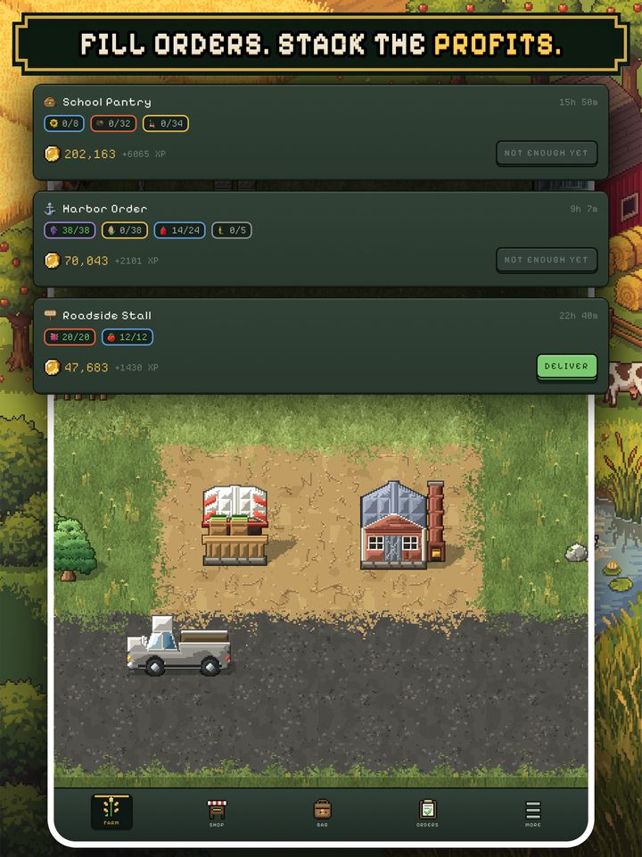 Fill orders. Stack the profits. The order board with School Pantry, Harbor Order and Roadside Stall, the last one ready to deliver.
