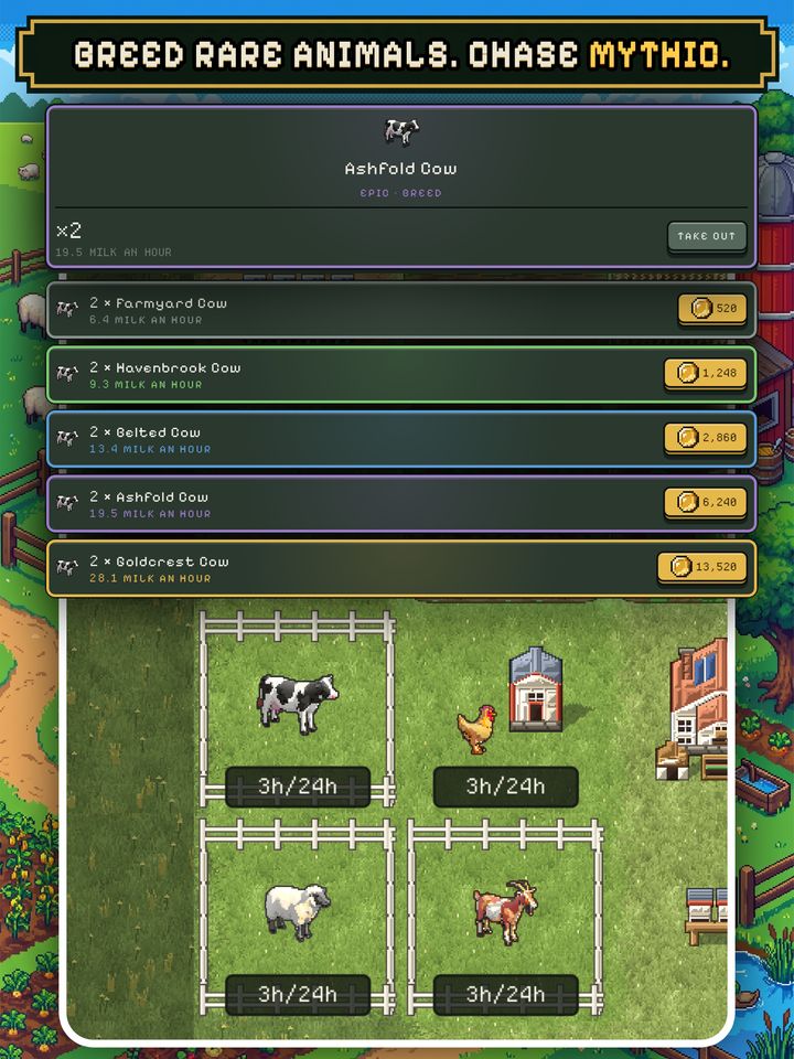 Breed rare animals. Chase mythic. An Ashfold cow card over a price list of cow pairs, from Farmyard up to Goldcrest, with milk an hour for each.