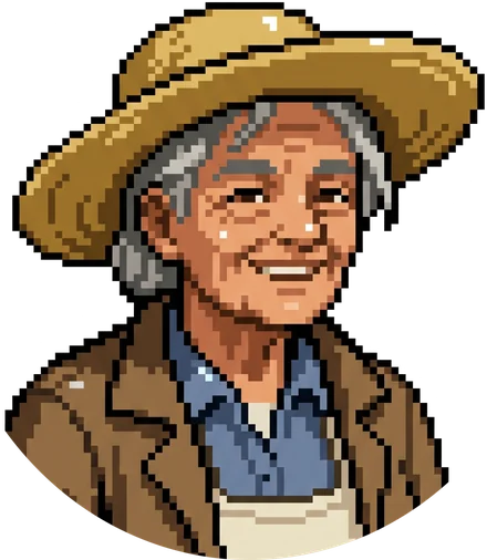 Maud, an old farmer in a straw hat and a brown work coat, smiling.