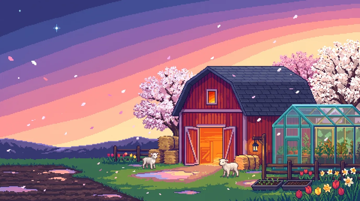 Bloomtide: the barn at dusk under blossom trees, lambs by the door.