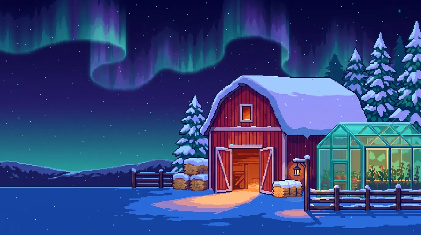 Frostfall: the red barn under snow, green lights across the night sky.