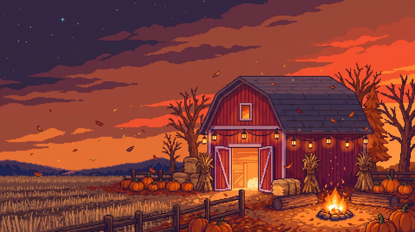 Harvest: the barn at ember dusk, stubble fields, pumpkins and a fire burning.