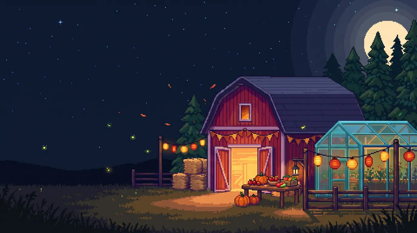Lanternlight: the barn at night under a low moon, lanterns strung along the eaves.