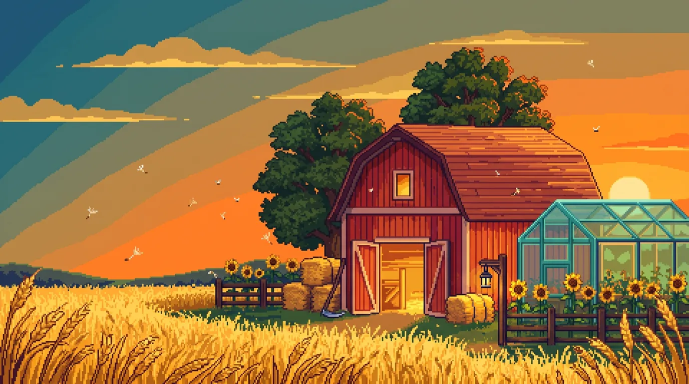 Sunpeak: the barn at sunset, wheat right up to the fence and sunflowers along it.