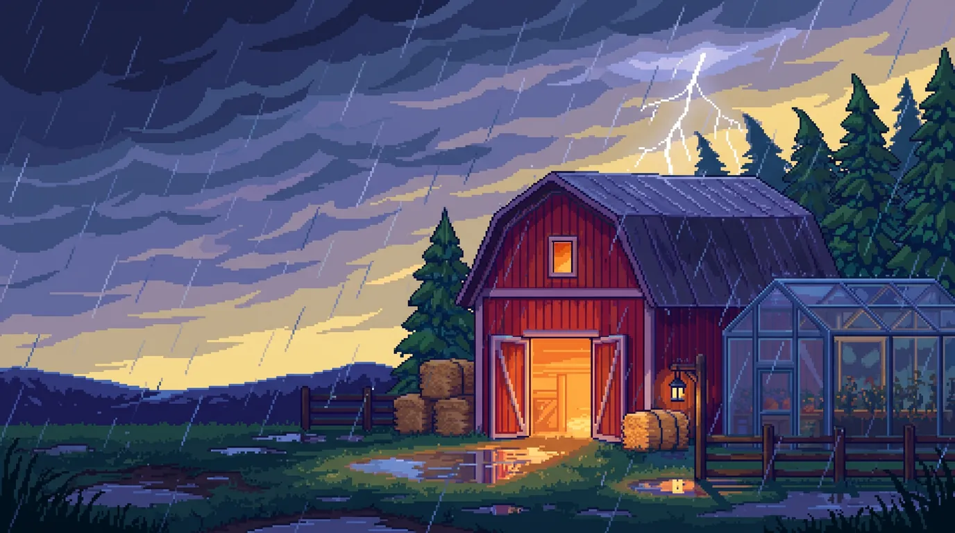 Thundervale: the barn in hard rain, lightning over the pines.