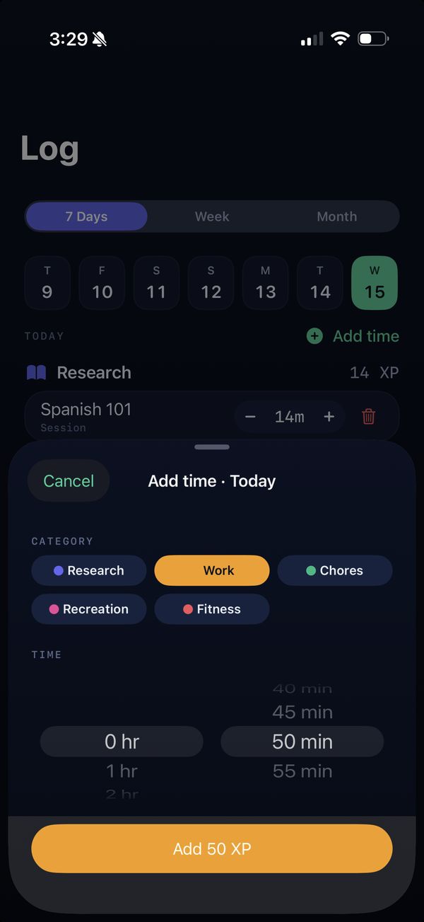 The Log tab with an Add time sheet open over it: pick a category, then set the hours and minutes.