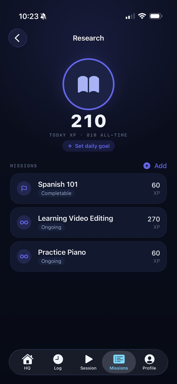 The Research screen: 210 XP today, 810 all-time, with three missions listed: Spanish 101, Learning Video Editing and Practice Piano.