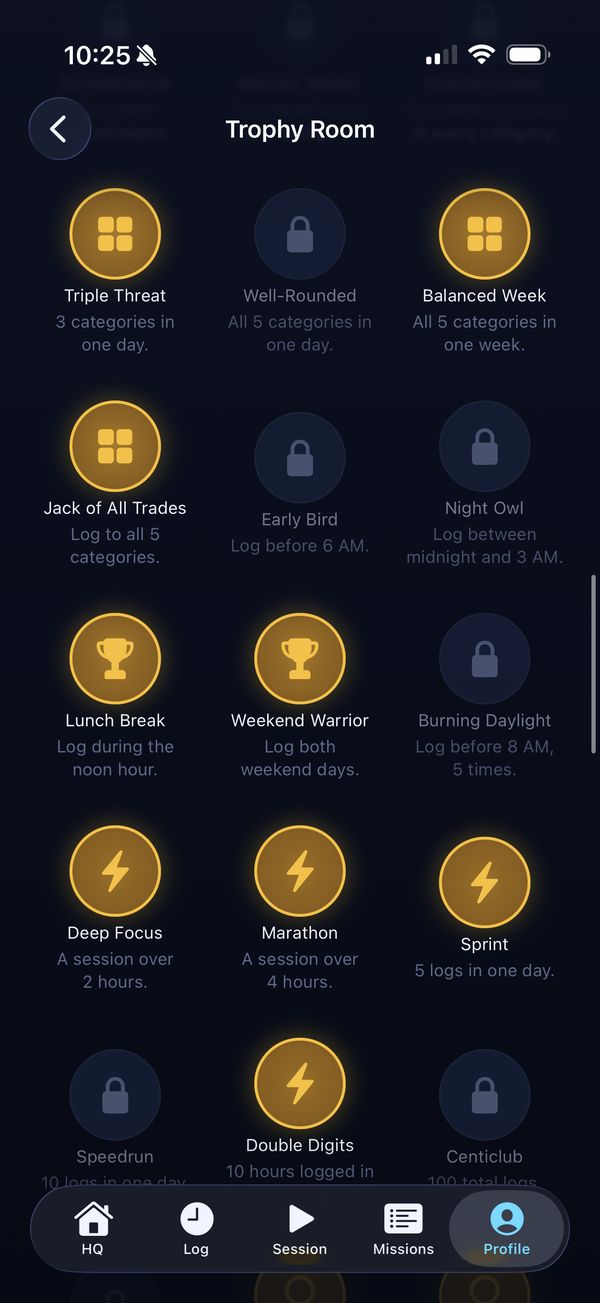 The Trophy Room: gold medallions such as Triple Threat, Jack of All Trades, Deep Focus and Double Digits, with locked ones in gray.