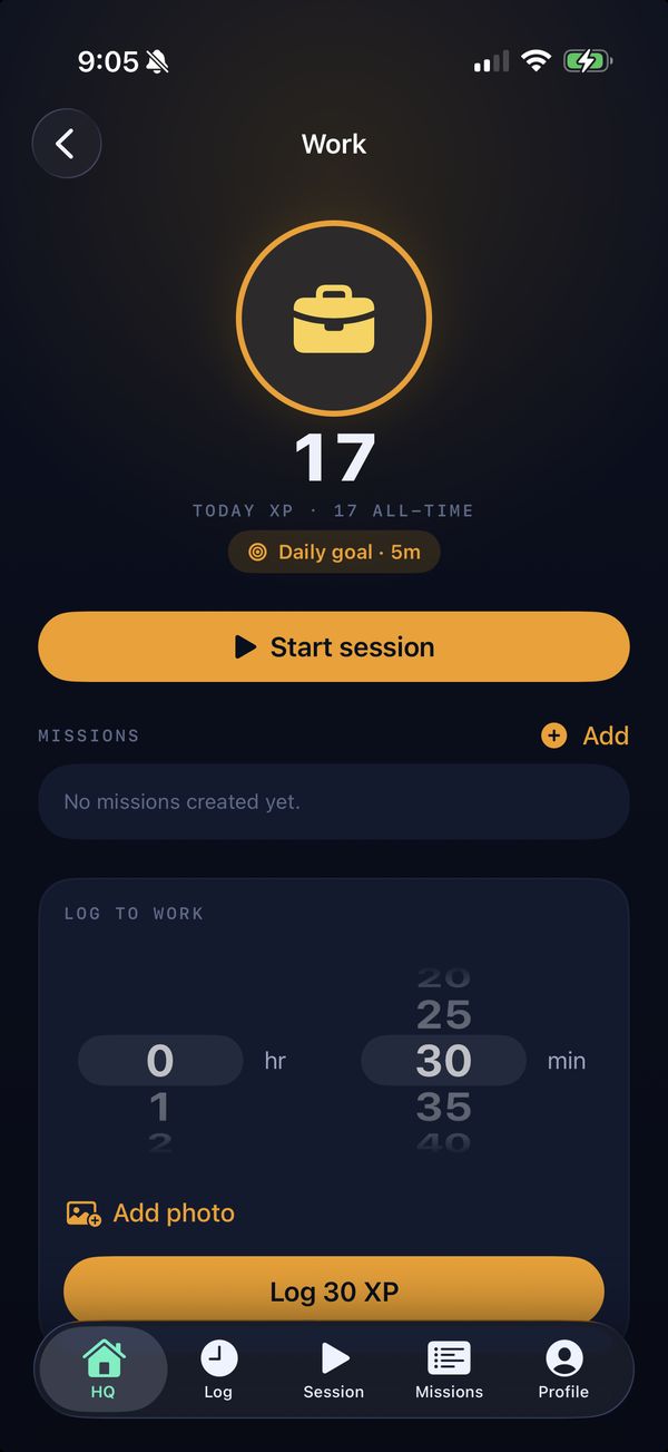 The Work screen: a duration wheel set to 0 hours 30 minutes above a gold Log 30 XP button, with a Start session button at the top.