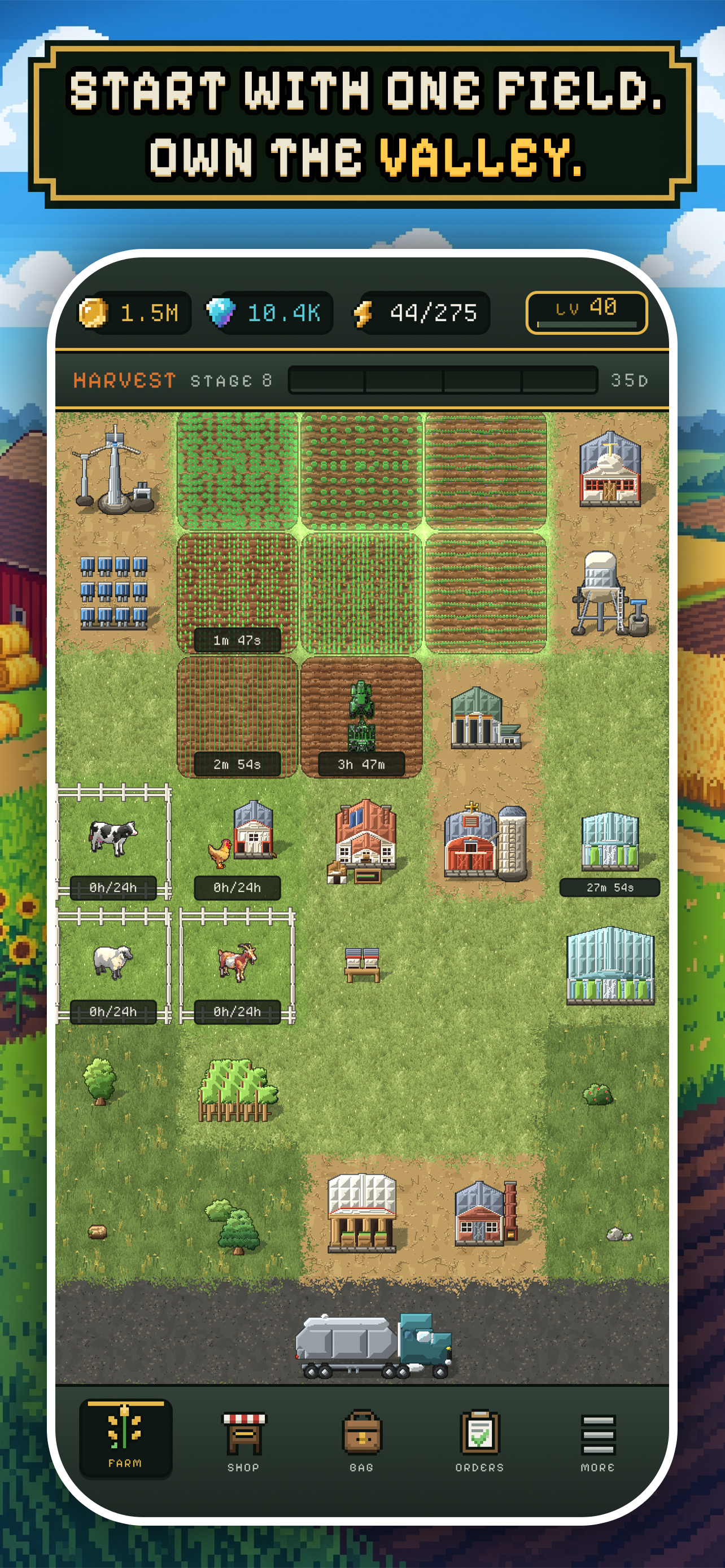 A built-up farm in Havenbrook: crop fields in rows, pastures with cows and sheep, a barn, a greenhouse and a truck on the road.