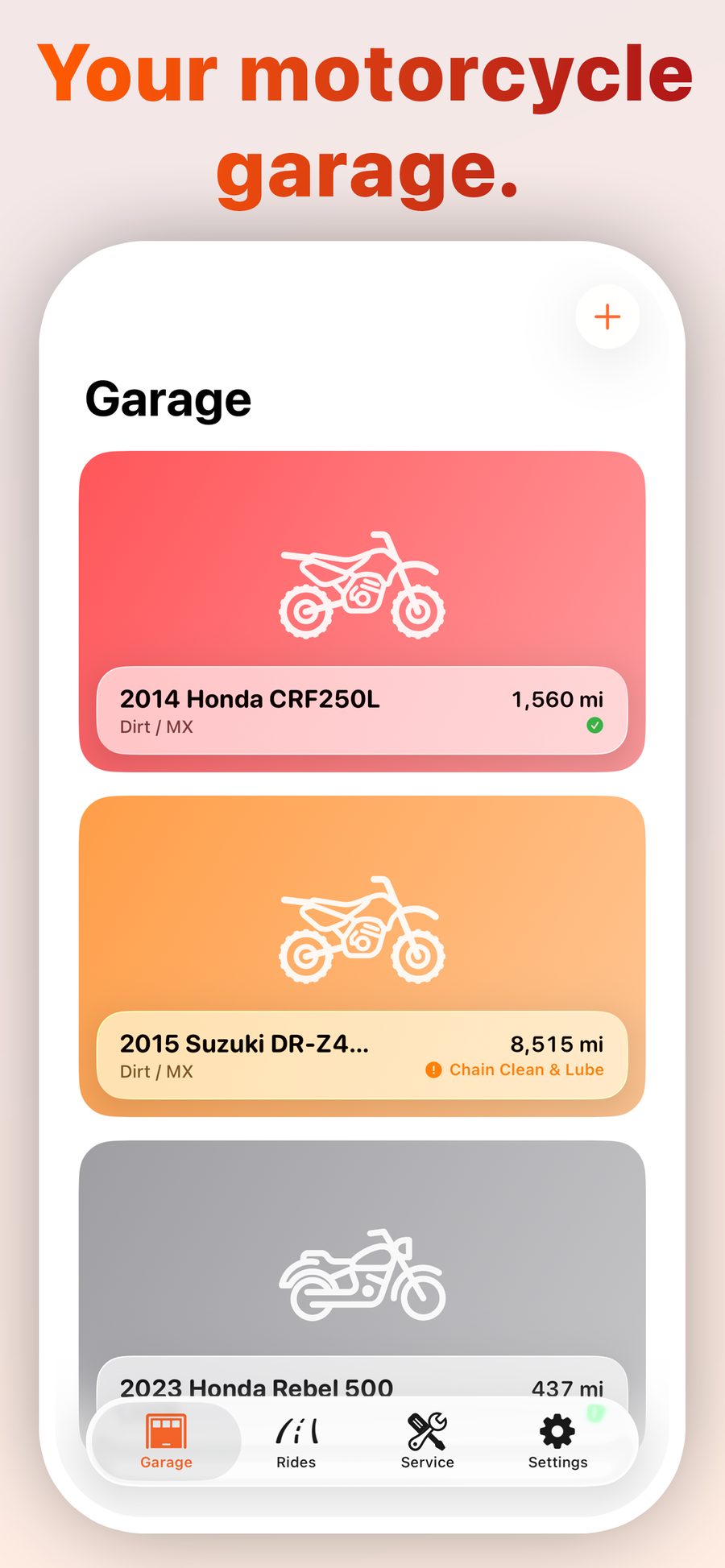 Sprocket garage screen showing three motorcycles in a stack of cards, each with its year, make, model, and current mileage.