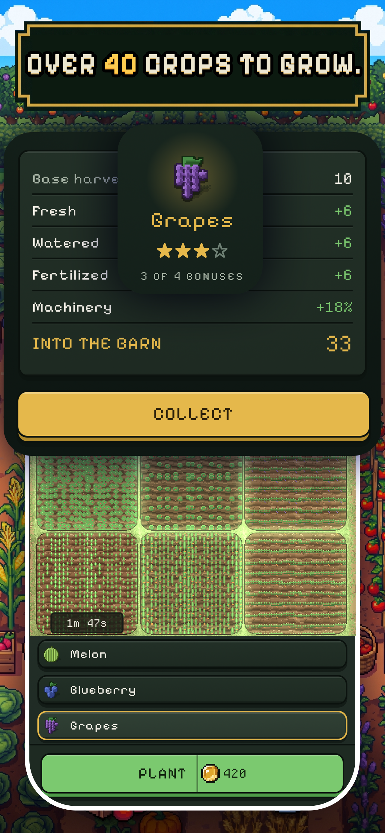 A harvest receipt for grapes showing the base harvest and each bonus earned: Fresh, Watered, Fertilized and a machinery bonus, totalling 33 into the barn.