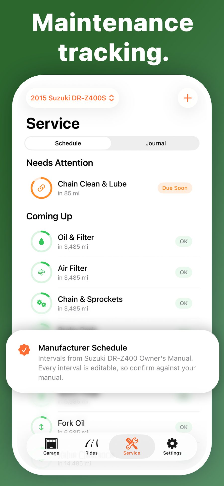 Sprocket maintenance schedule showing Chain Clean & Lube due soon, upcoming service items, and the Manufacturer Schedule callout.