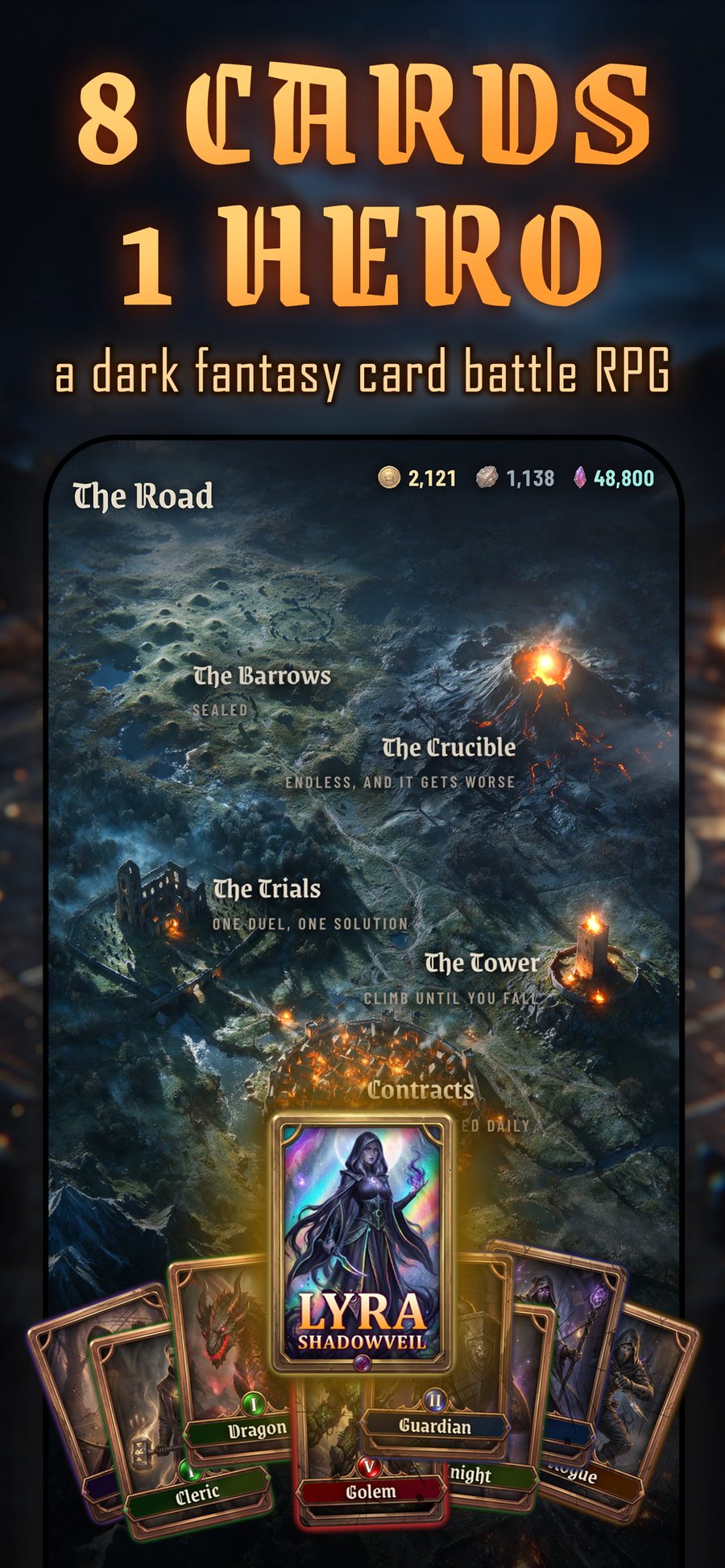 The Road at night, with a hand of cards fanned below it.