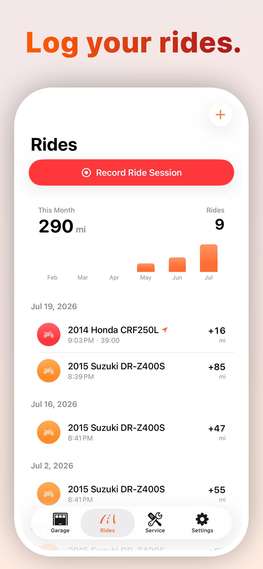 Sprocket rides screen showing this month's total mileage, a bar chart, and a list of recent rides.