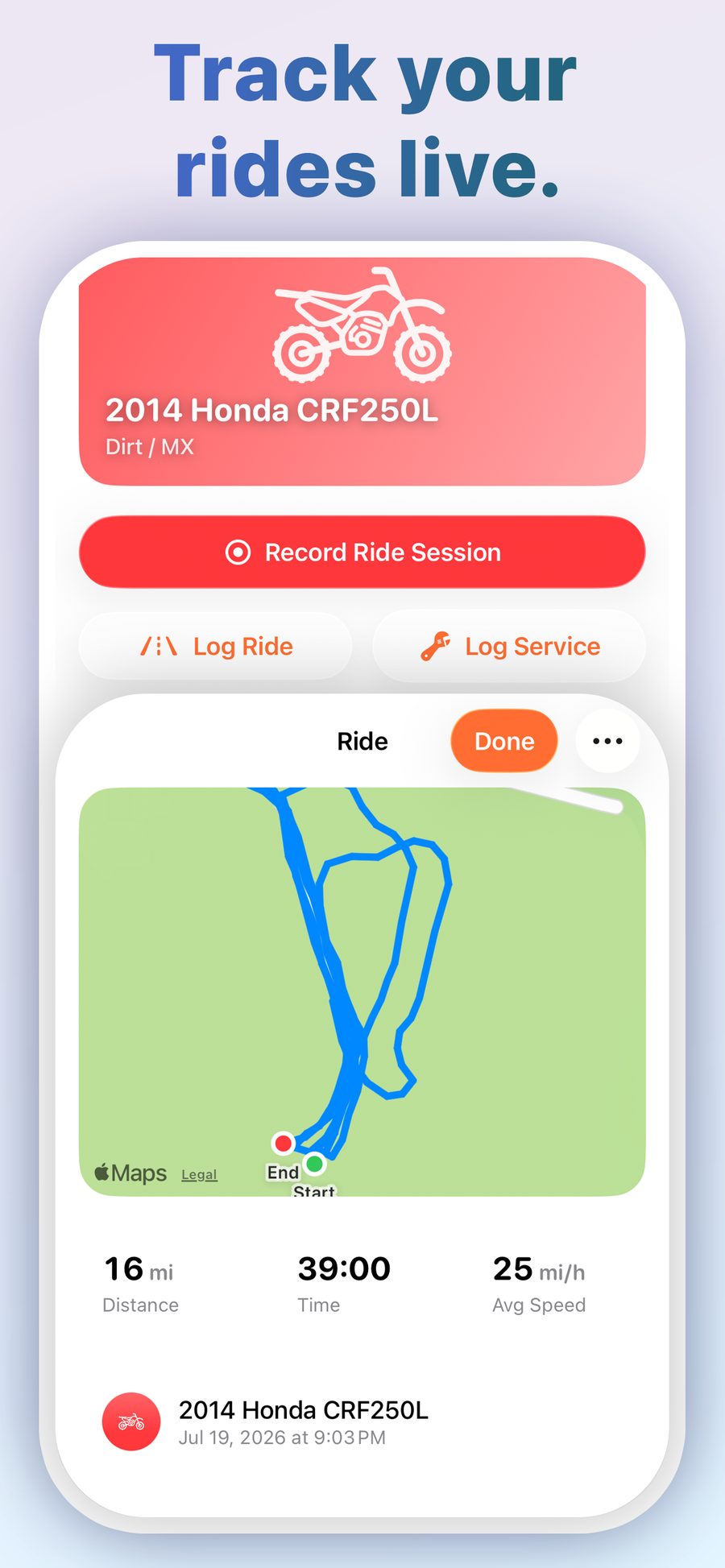 Sprocket live ride tracking with a map, GPS route, distance, time, and average speed.