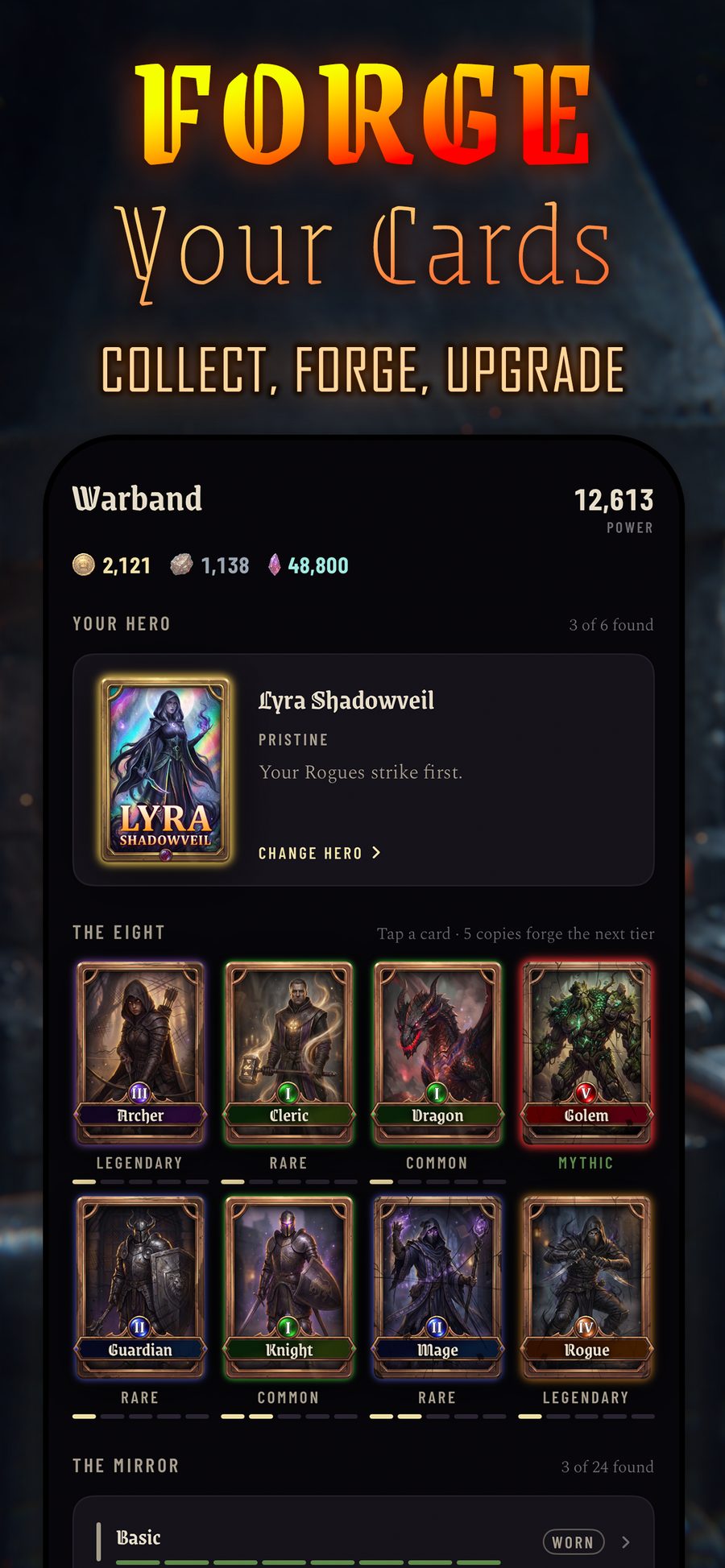 The Warband tab: the raised hero and the eight cards, each with pips counting copies toward the next tier.