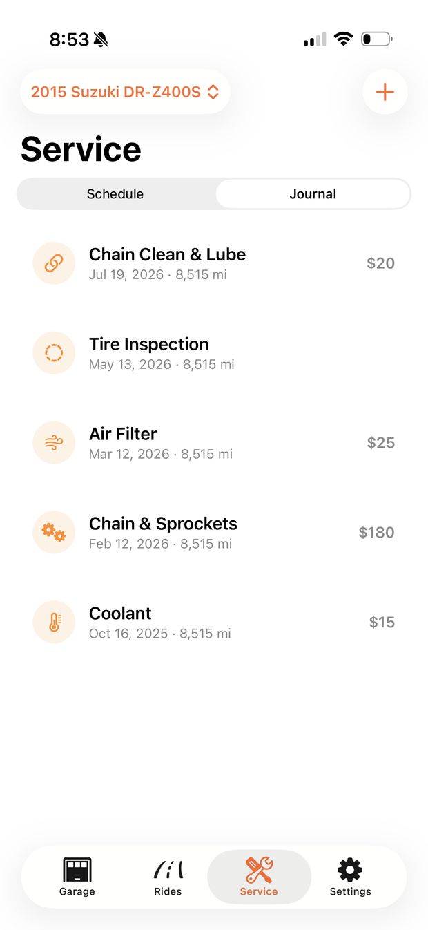 The Journal: Chain Clean and Lube for $20, Tire Inspection, Air Filter for $25, Chain and Sprockets for $180, and Coolant for $15, each with its date and odometer.