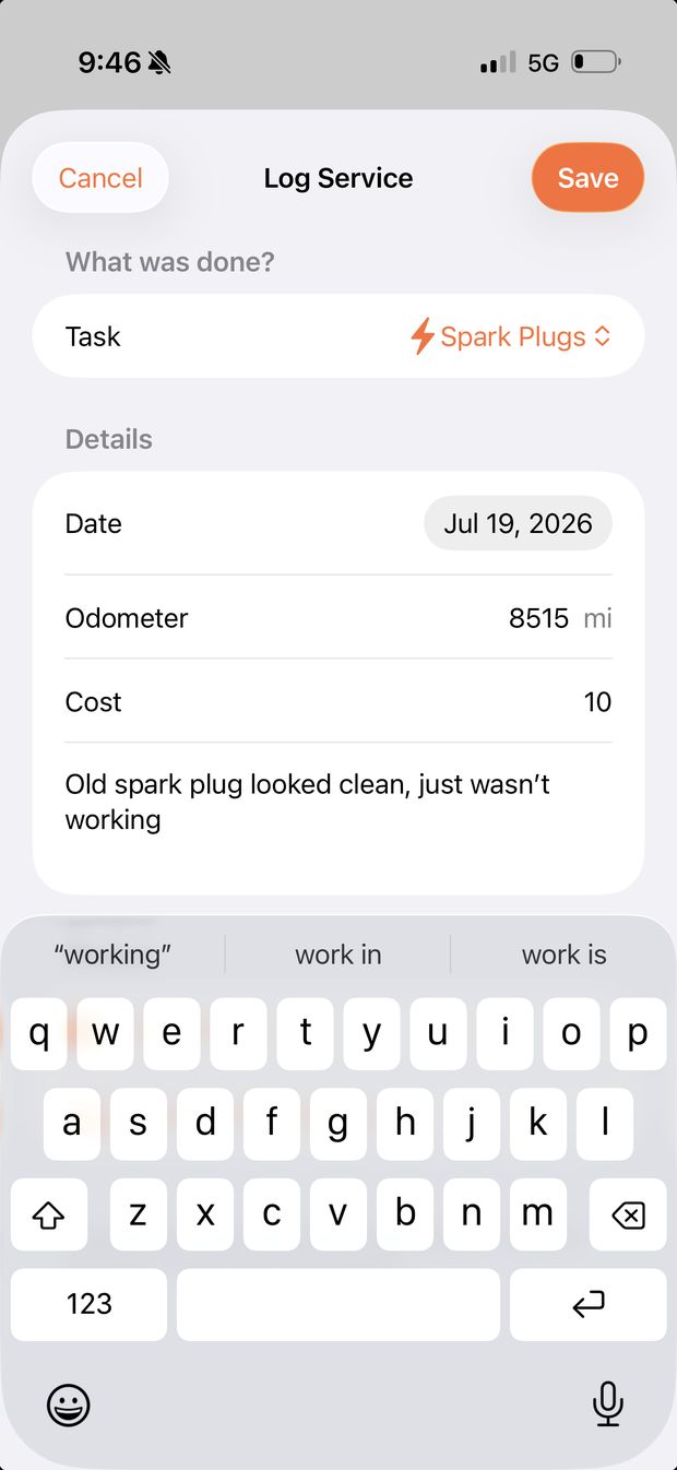 The Log Service sheet with Spark Plugs picked as the task, the date, an odometer of 8515 and a cost of 10, and a note that the old plug looked clean but wasn't working.
