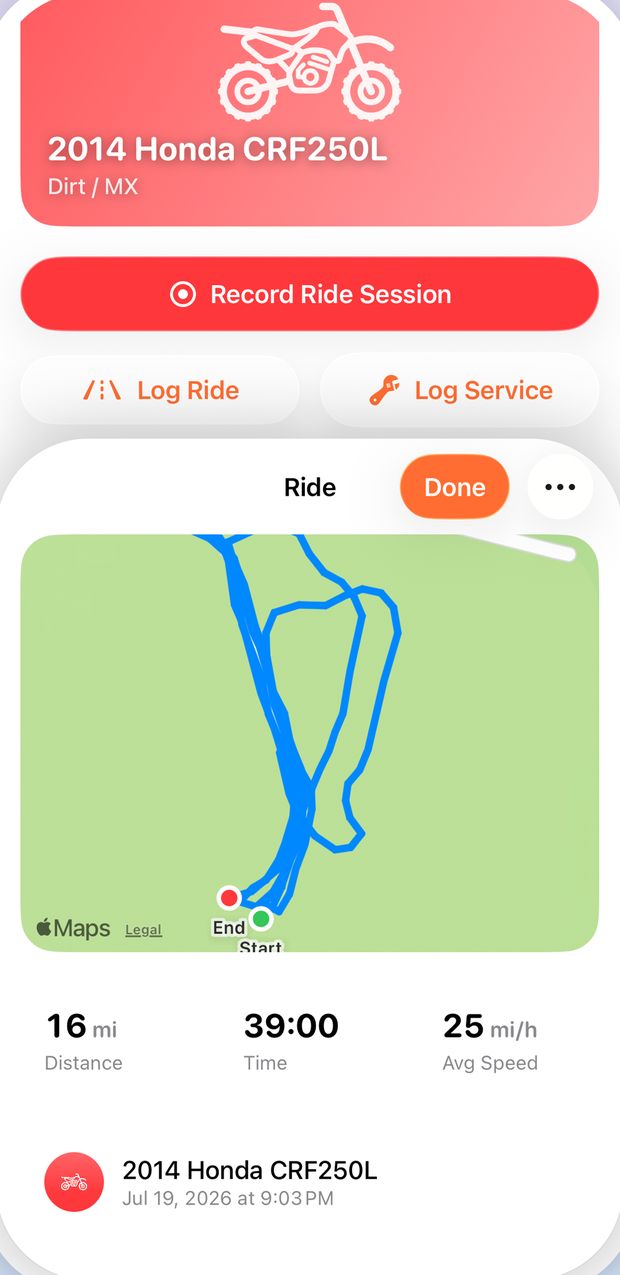 A saved ride for a 2014 Honda CRF250L: the GPS route drawn in blue on a map, with 16 mi, 39:00 and 25 mi/h average speed below it.