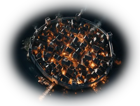 The walled city of the Reeking Quarter, every window lit.