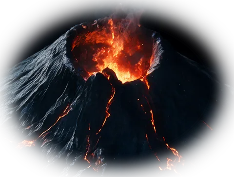 The Ashen Reach: a volcano, lava running down its sides.