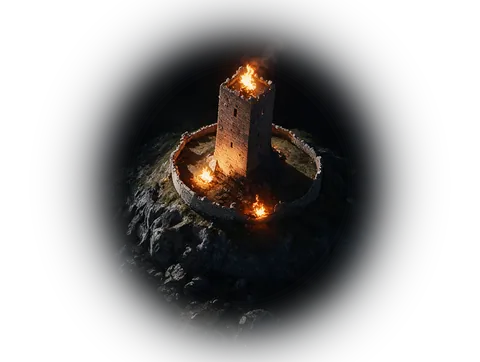 A lone tower on a hill, a fire burning at its top.